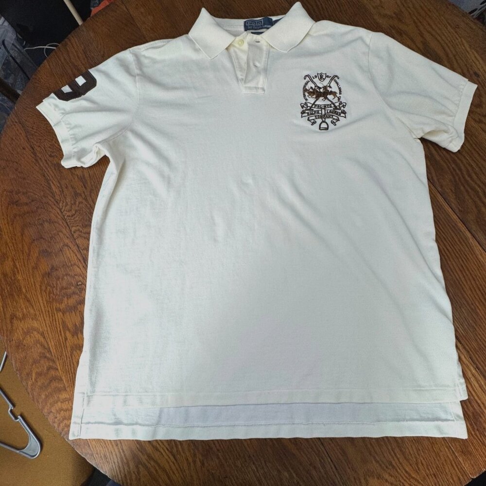 Polo By Ralph Lauren XL White Embroidered Polo Shirt With Brown Crest Logo & Sle